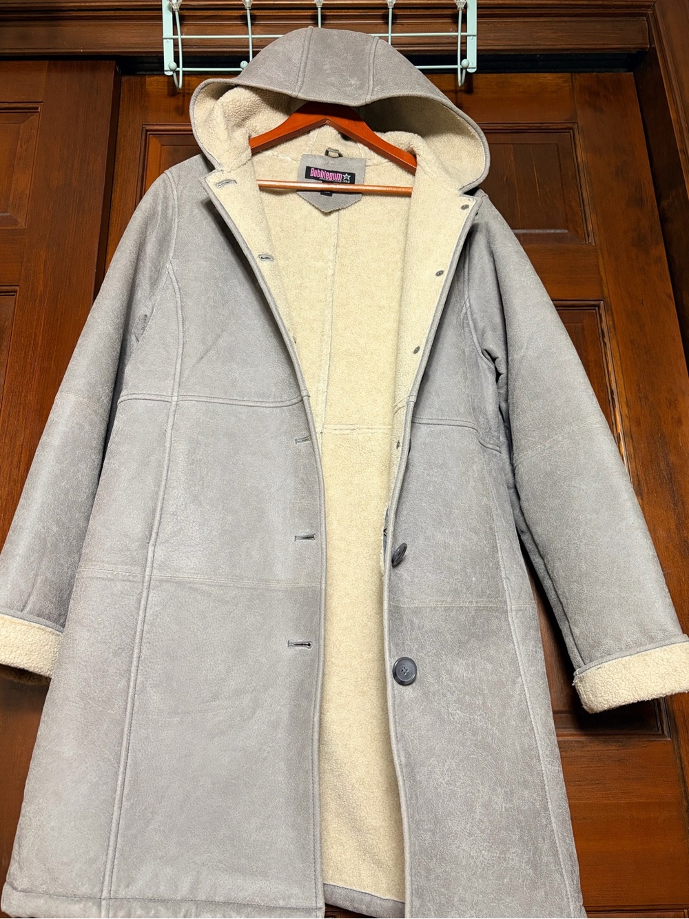 Vintage Y2K Genuine Leather Faux Sherpa 90’s Long Coat Hood Pockets Grey Large